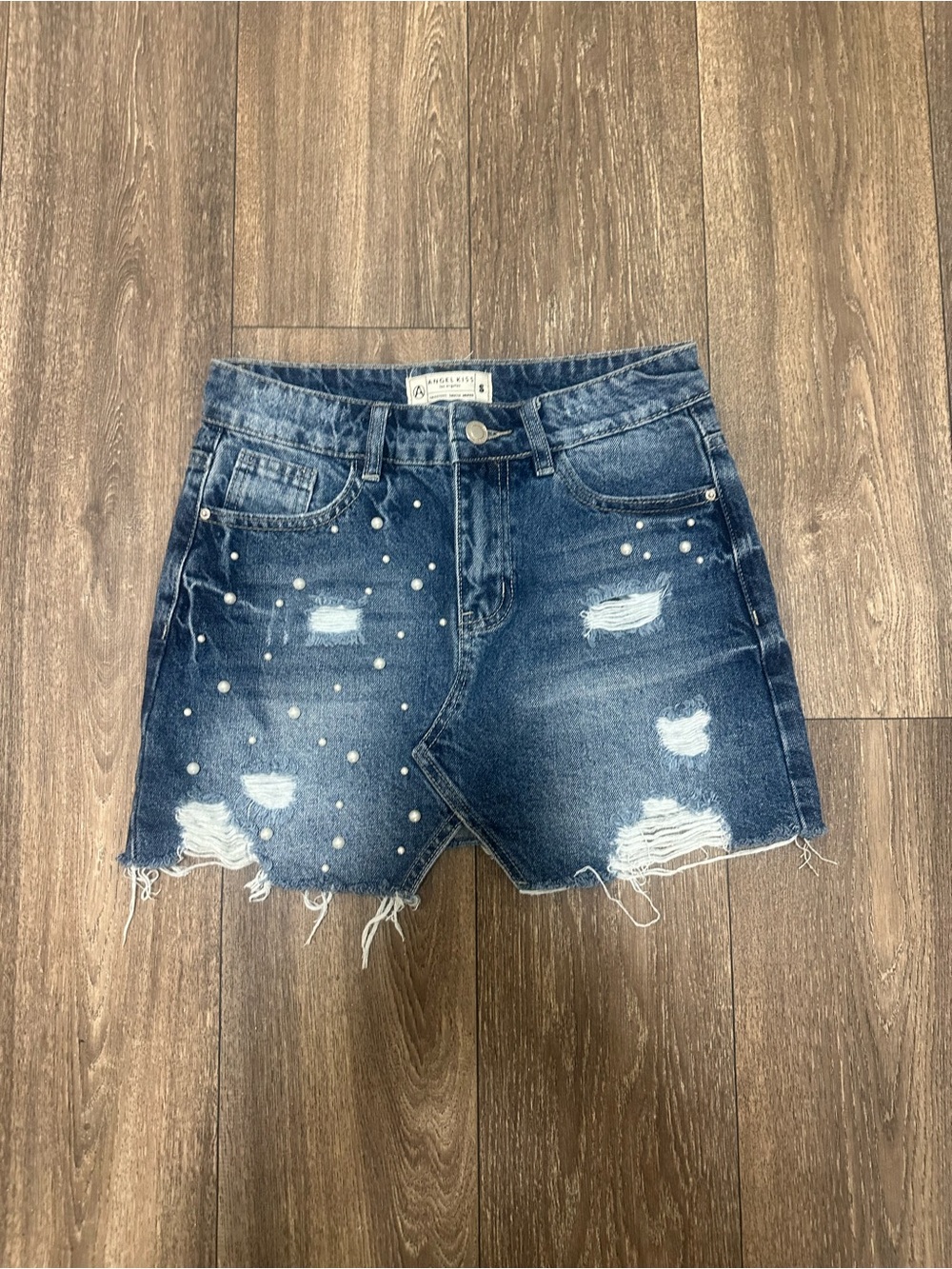Angel Kiss Pearl-Embellished Distressed Denim Mini Skirt - Blue